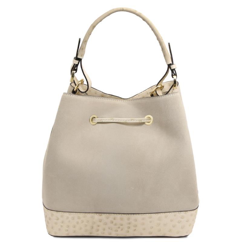 Ostrea Suede and ostrich-effect printed leather bucket bag