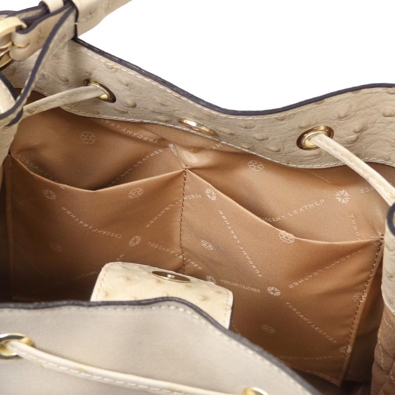 Ostrea Suede and ostrich-effect printed leather bucket bag