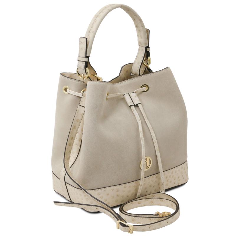 Ostrea Suede and ostrich-effect printed leather bucket bag