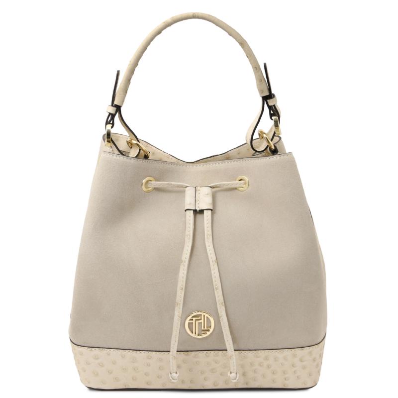 Ostrea Suede and ostrich-effect printed leather bucket bag