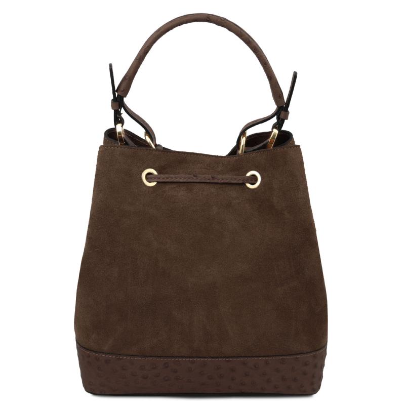 Ostrea Suede and ostrich-effect printed leather bucket bag