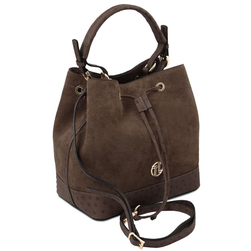 Ostrea Suede and ostrich-effect printed leather bucket bag