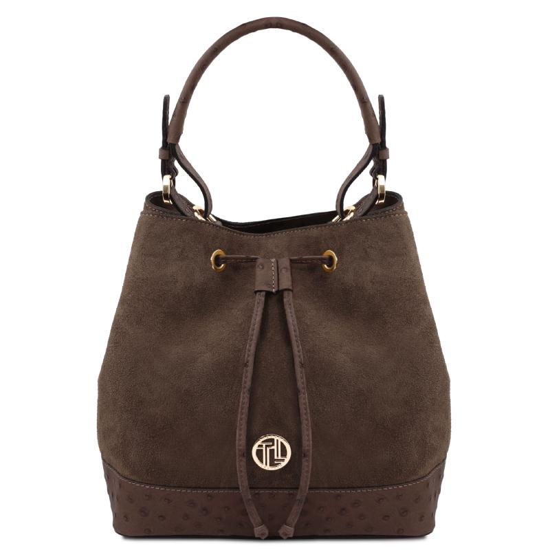 Ostrea Suede and ostrich-effect printed leather bucket bag