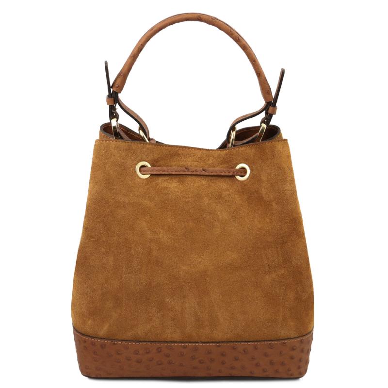Ostrea Suede and ostrich-effect printed leather bucket bag