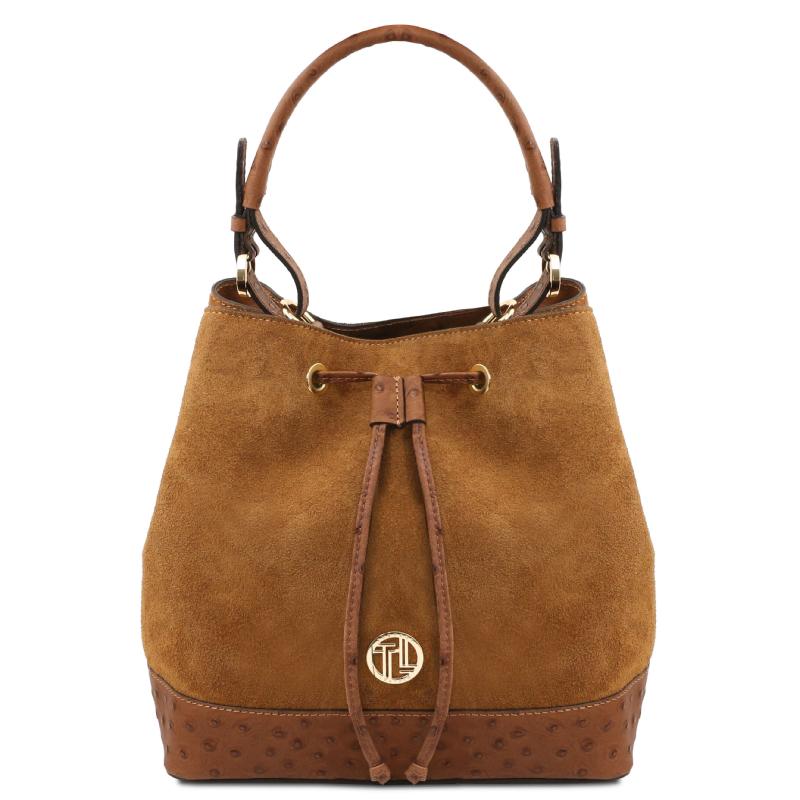Ostrea Suede and ostrich-effect printed leather bucket bag