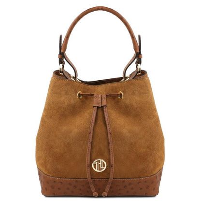 Ostrea Suede and ostrich-effect printed leather bucket bag