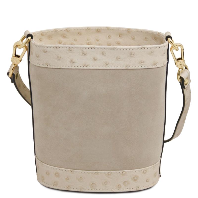 Ostrea Suede and ostrich-effect printed leather bucket bag
