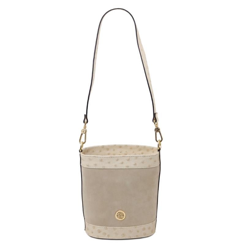 Ostrea Suede and ostrich-effect printed leather bucket bag