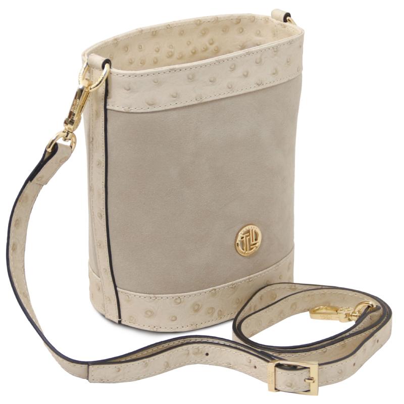 Ostrea Suede and ostrich-effect printed leather bucket bag