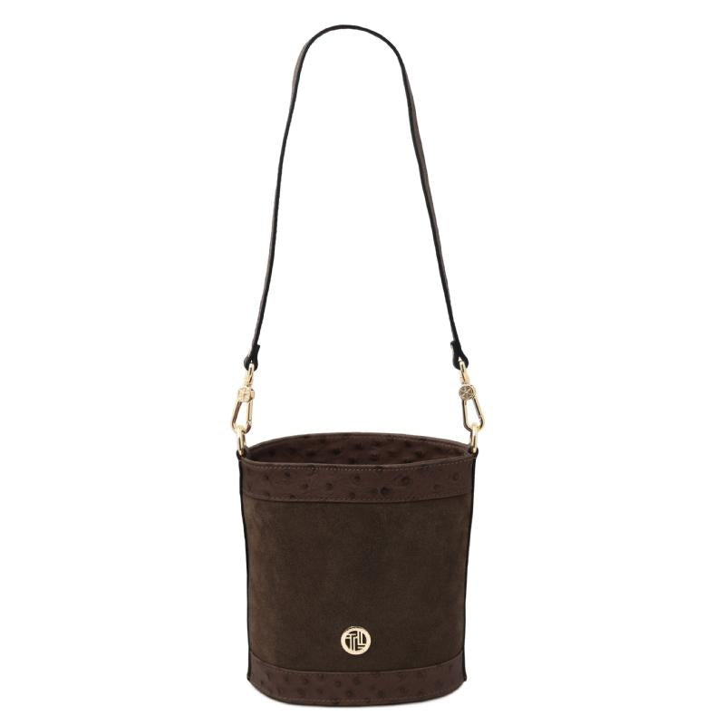 Ostrea Suede and ostrich-effect printed leather bucket bag