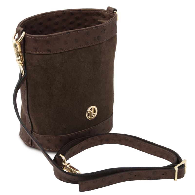 Ostrea Suede and ostrich-effect printed leather bucket bag