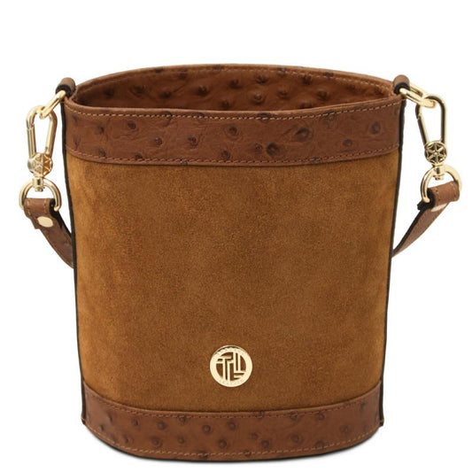 Ostrea Suede and ostrich-effect printed leather bucket bag
