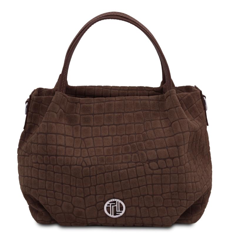 Nora Cocoon Suede leather handbag with croc print