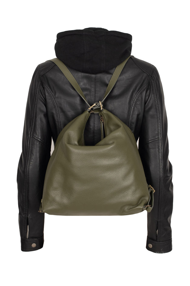 HELOR - Λαδί Δερμάτινη Backpack ή Ώμου Τσάντα