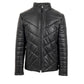 Men’s black puffed leather jacket, slim fit, front view with quilted panels