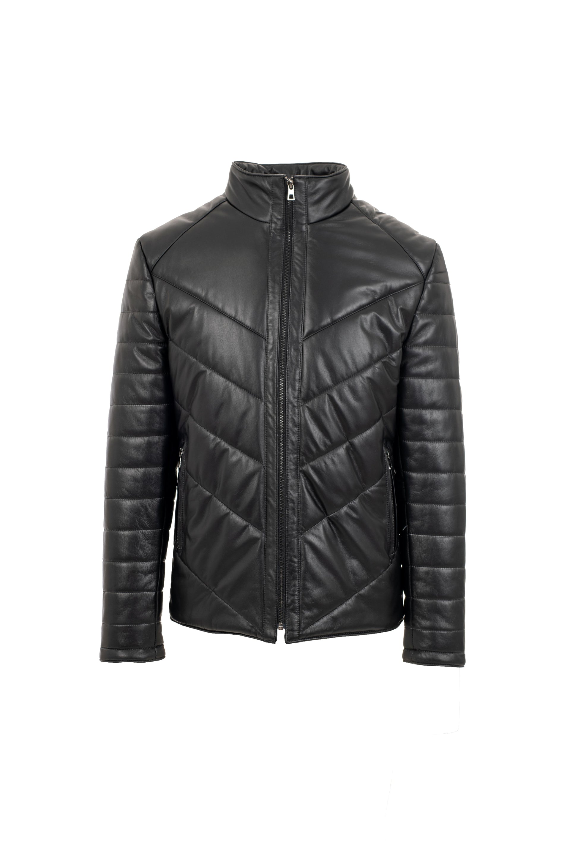 Men’s black puffed leather jacket, slim fit, front view with quilted panels