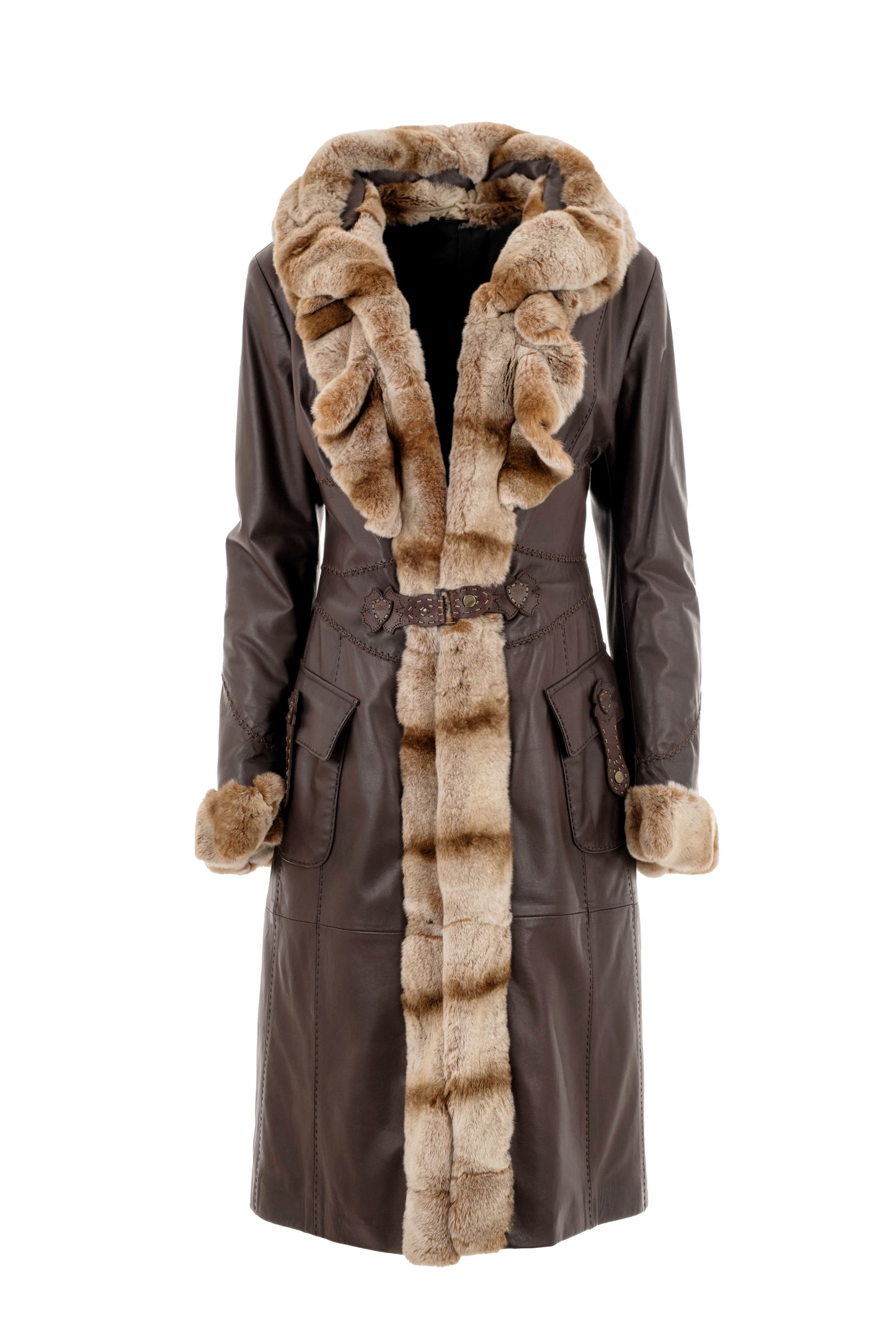 ILARY - Brown Leather Coat with Fur-Trimmed Front and Cuffs