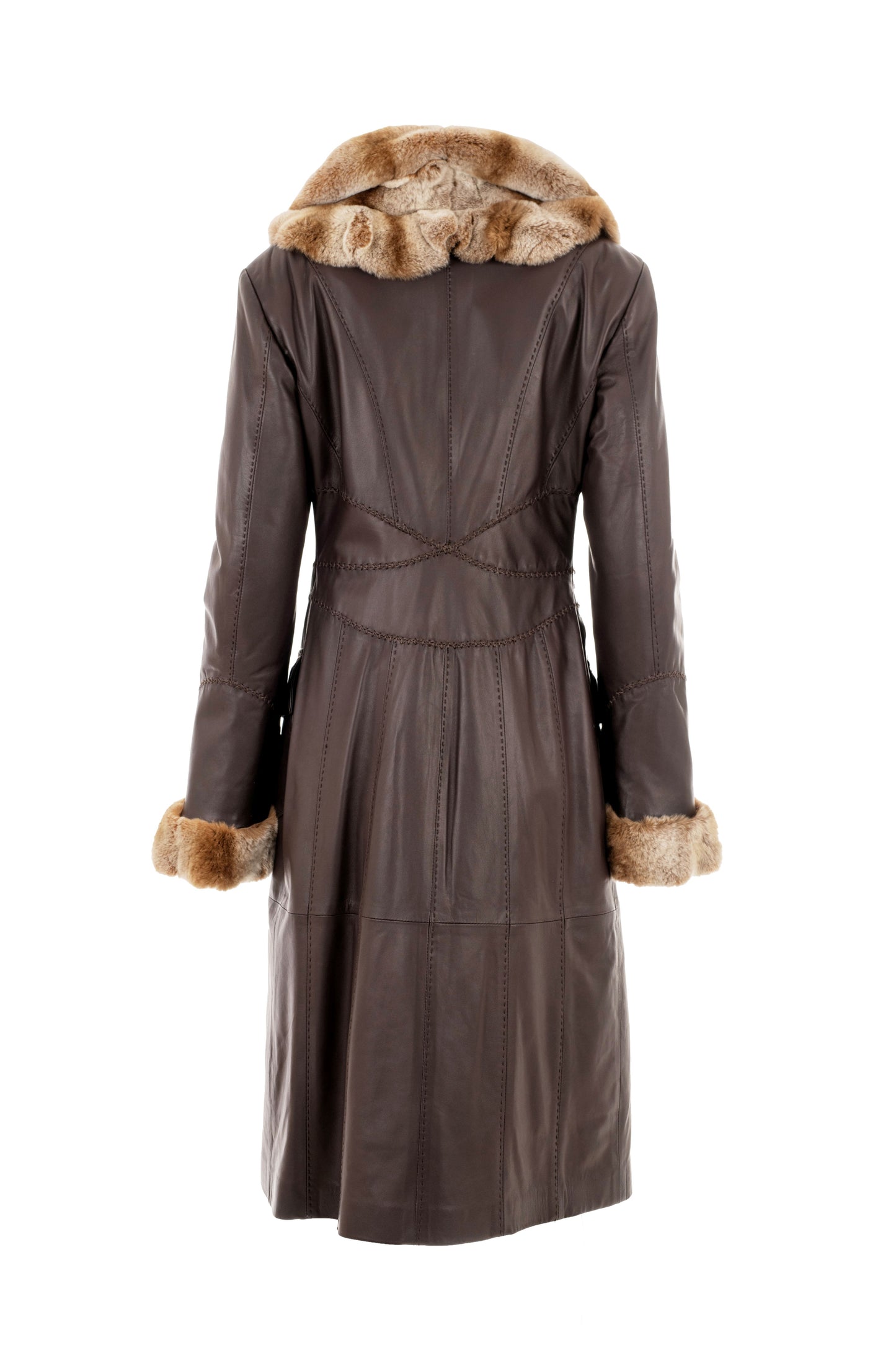ILARY - Brown Leather Coat with Fur-Trimmed Front and Cuffs