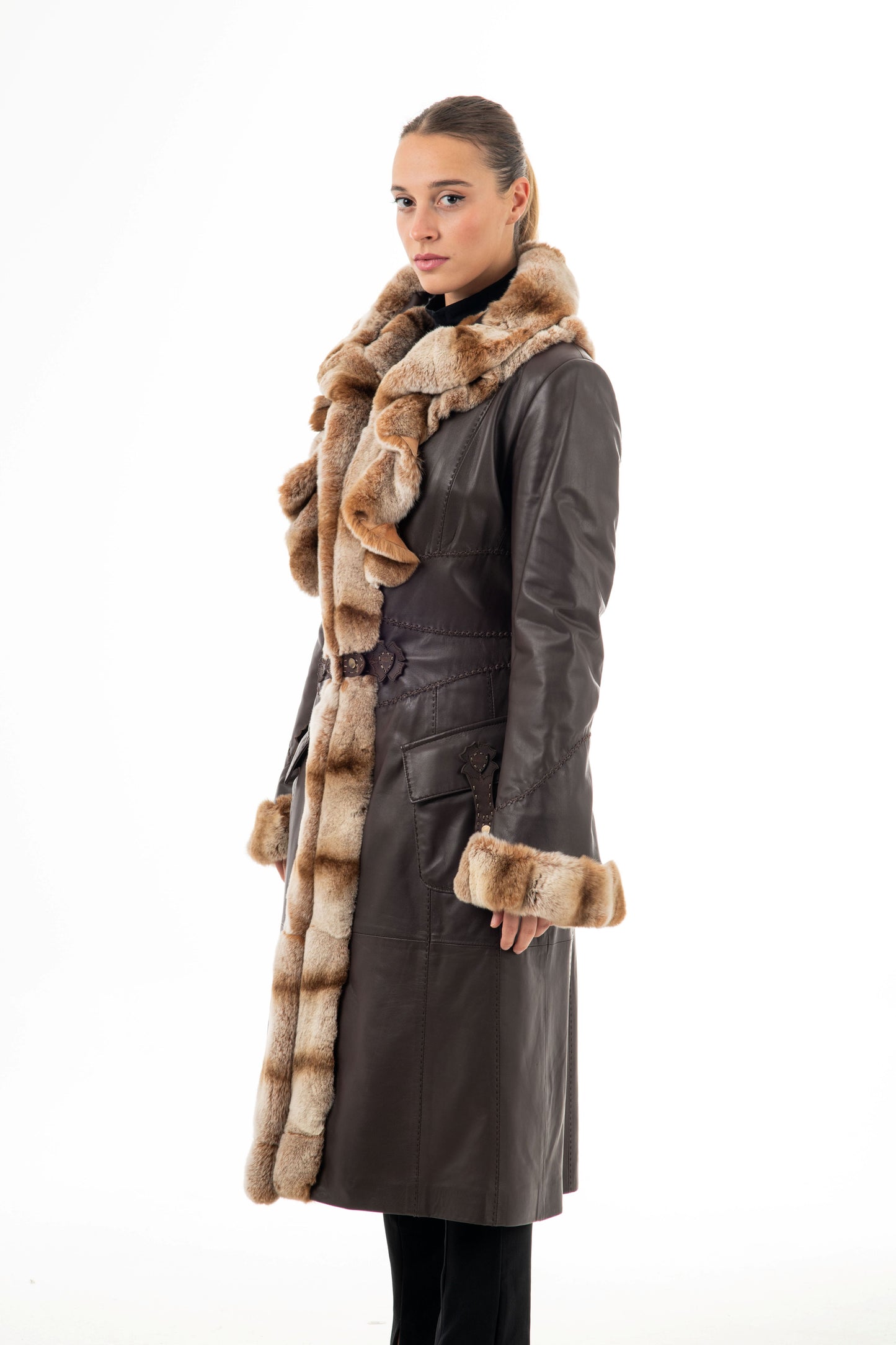 ILARY - Brown Leather Coat with Fur-Trimmed Front and Cuffs