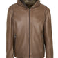 Handmade men’s nappa lamb leather jacket, non-detachable hood, zip pockets, polyester lining, front view