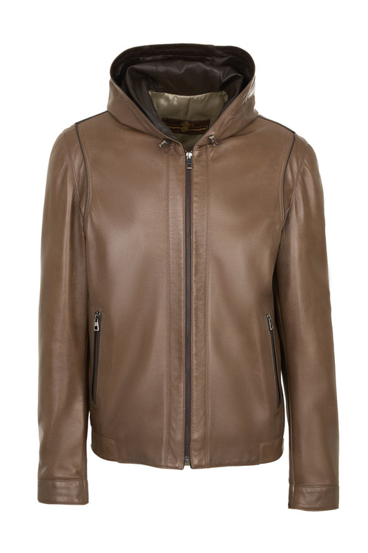 Handmade men’s nappa lamb leather jacket, non-detachable hood, zip pockets, polyester lining, front view