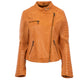 Womens light camel biker leather jacket, slim fit, off-center zip closure, mandarin collar, quilted panels, front view
