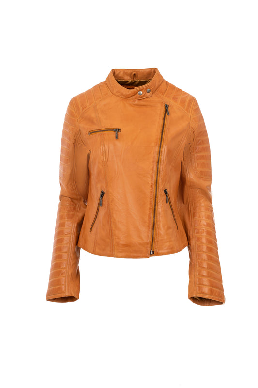 Womens light camel biker leather jacket, slim fit, off-center zip closure, mandarin collar, quilted panels, front view