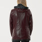 Γυναικείο Μπορντό Δερμάτινο Τζάκετ με Κουκούλα