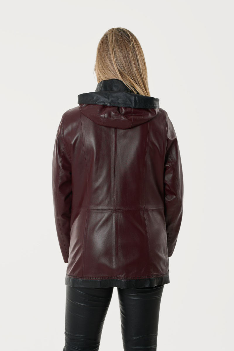 Γυναικείο Μπορντό Δερμάτινο Τζάκετ με Κουκούλα