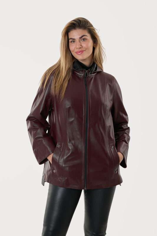 Women's Burgundy Leather Parka Jacket with hood