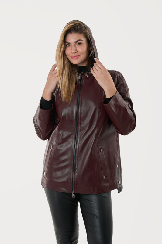 Women's Burgundy Leather Parka Jacket with hood