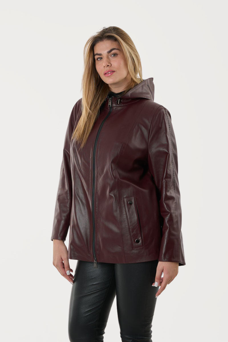 Γυναικείο Μπορντό Δερμάτινο Τζάκετ με Κουκούλα