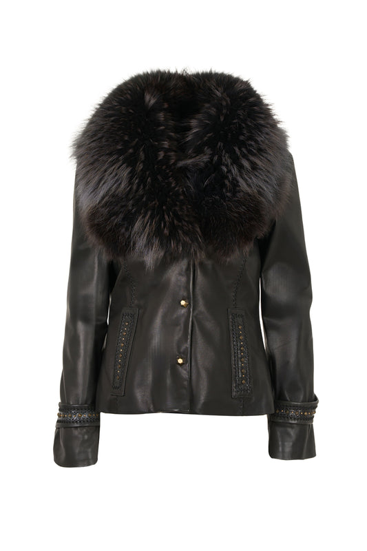 MARTINA - Women's Black Leather Blazer with Fur Collar