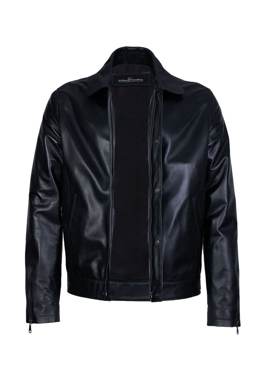 MEINARD2 - Men's Black Leather Jacket with Shirt Collar