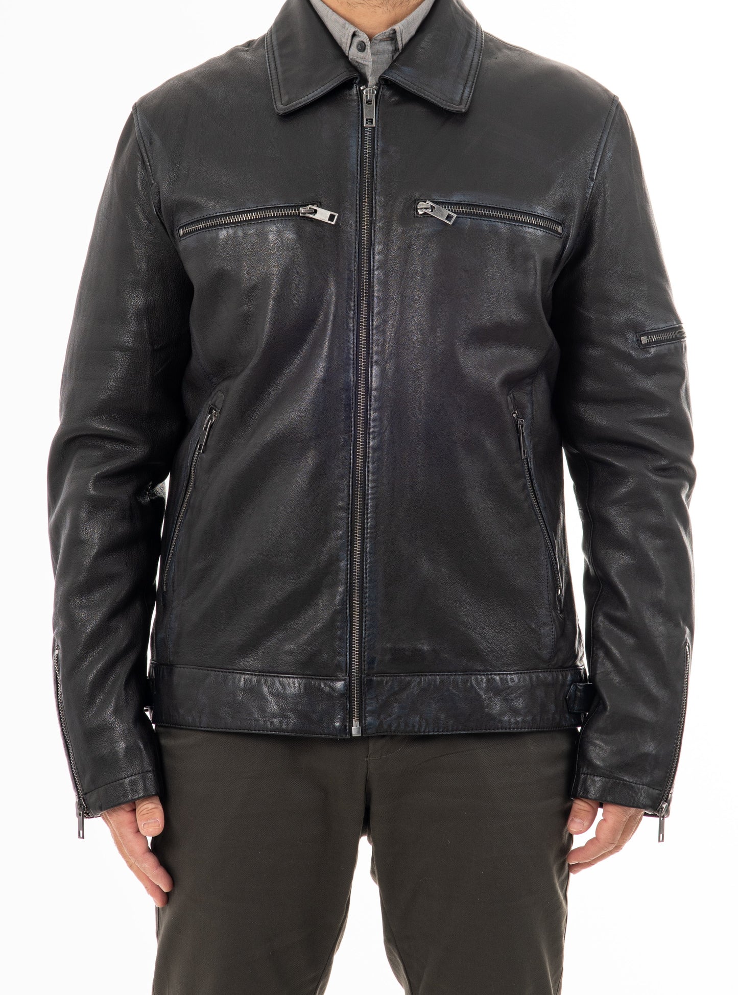 MEINARD - Men's Black Leather Jacket with Shirt Collar