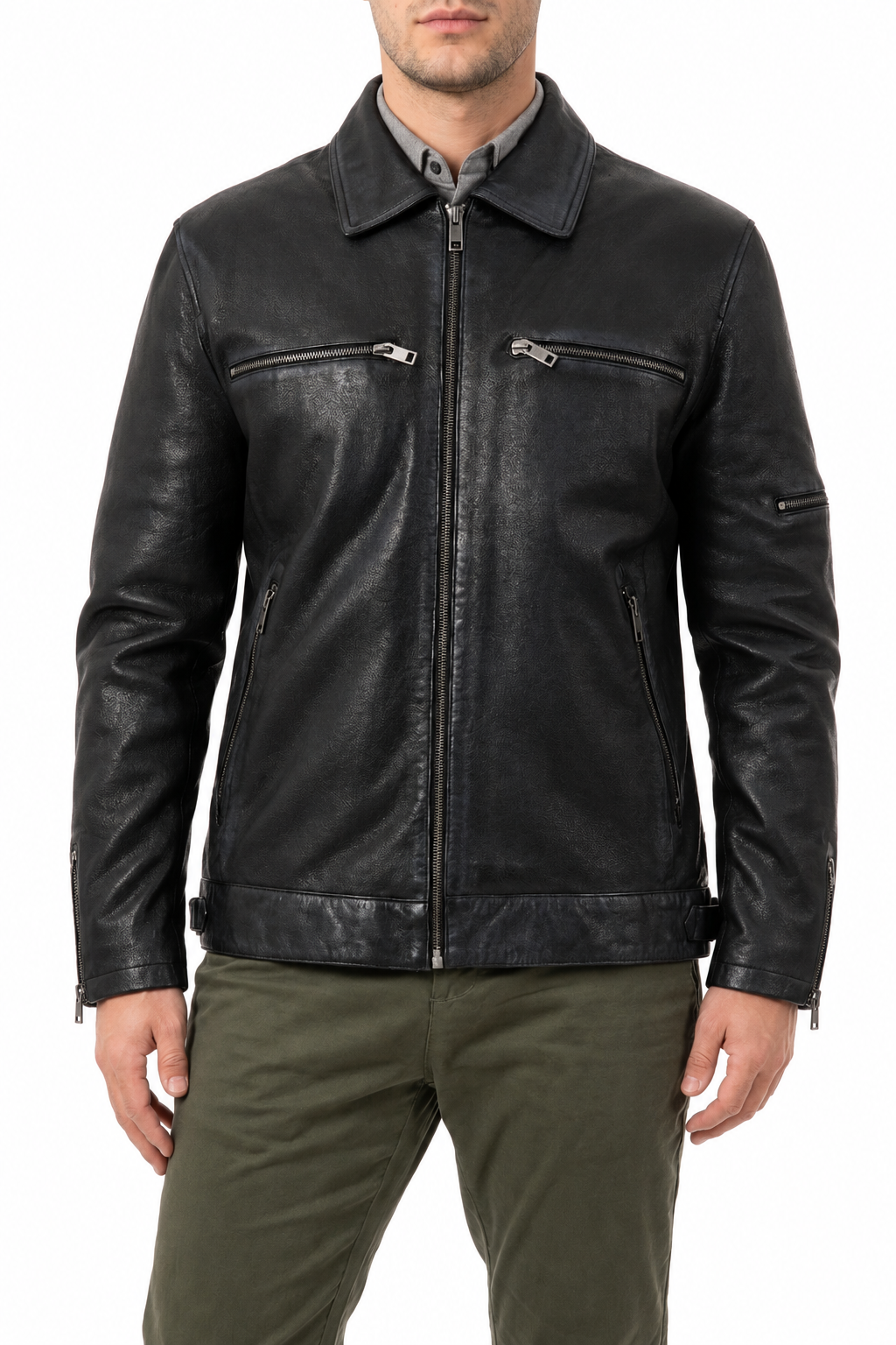 MEINARD - Men's Black Leather Jacket with Shirt Collar