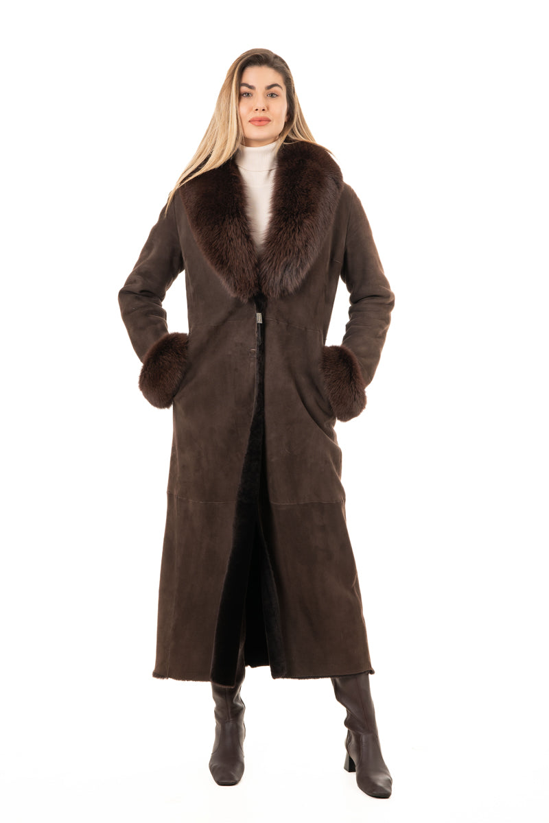 Women's Brown Sheepskin Coat with Fur Collar