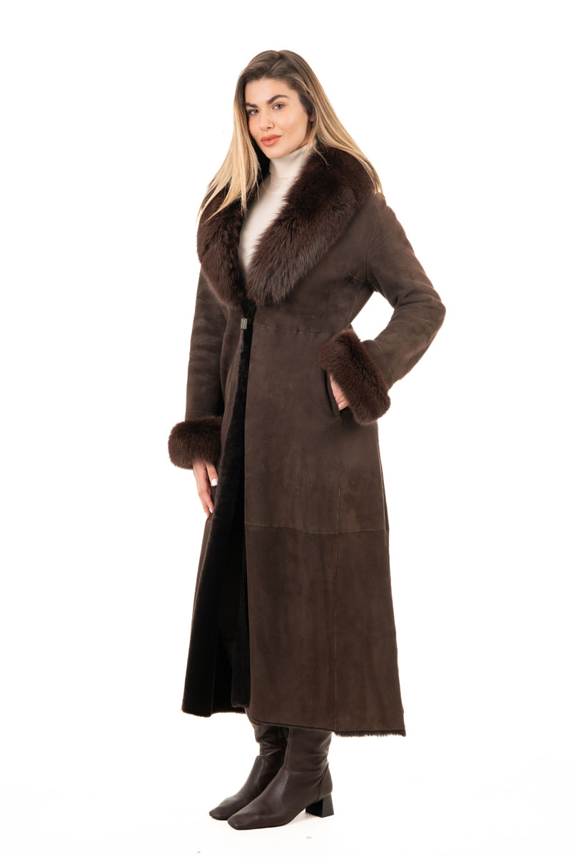 Women's Brown Sheepskin Coat with Fur Collar