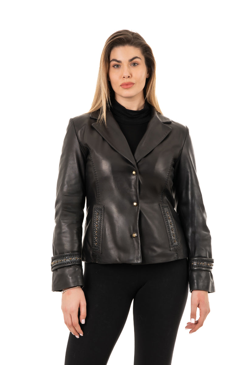 MARTINA - Μαύρο Δερμάτινο Σακάκι με Γούνινο Γιακά