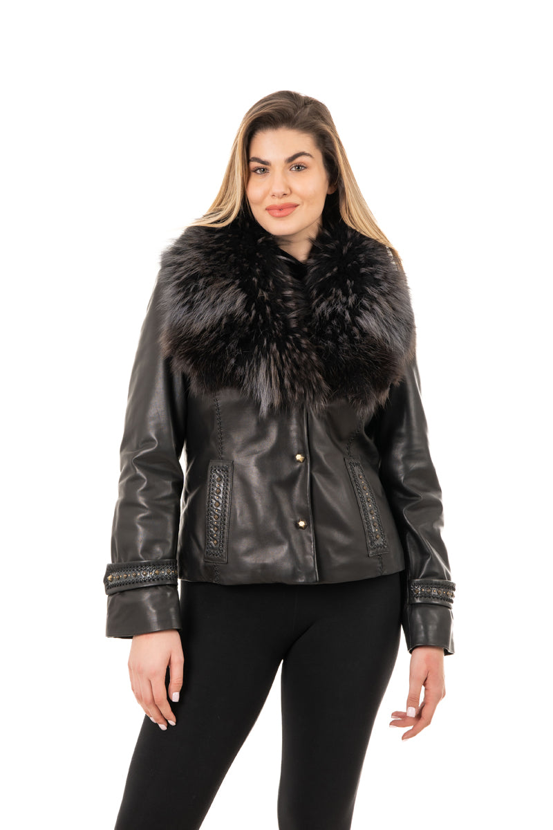 MARTINA - Μαύρο Δερμάτινο Σακάκι με Γούνινο Γιακά
