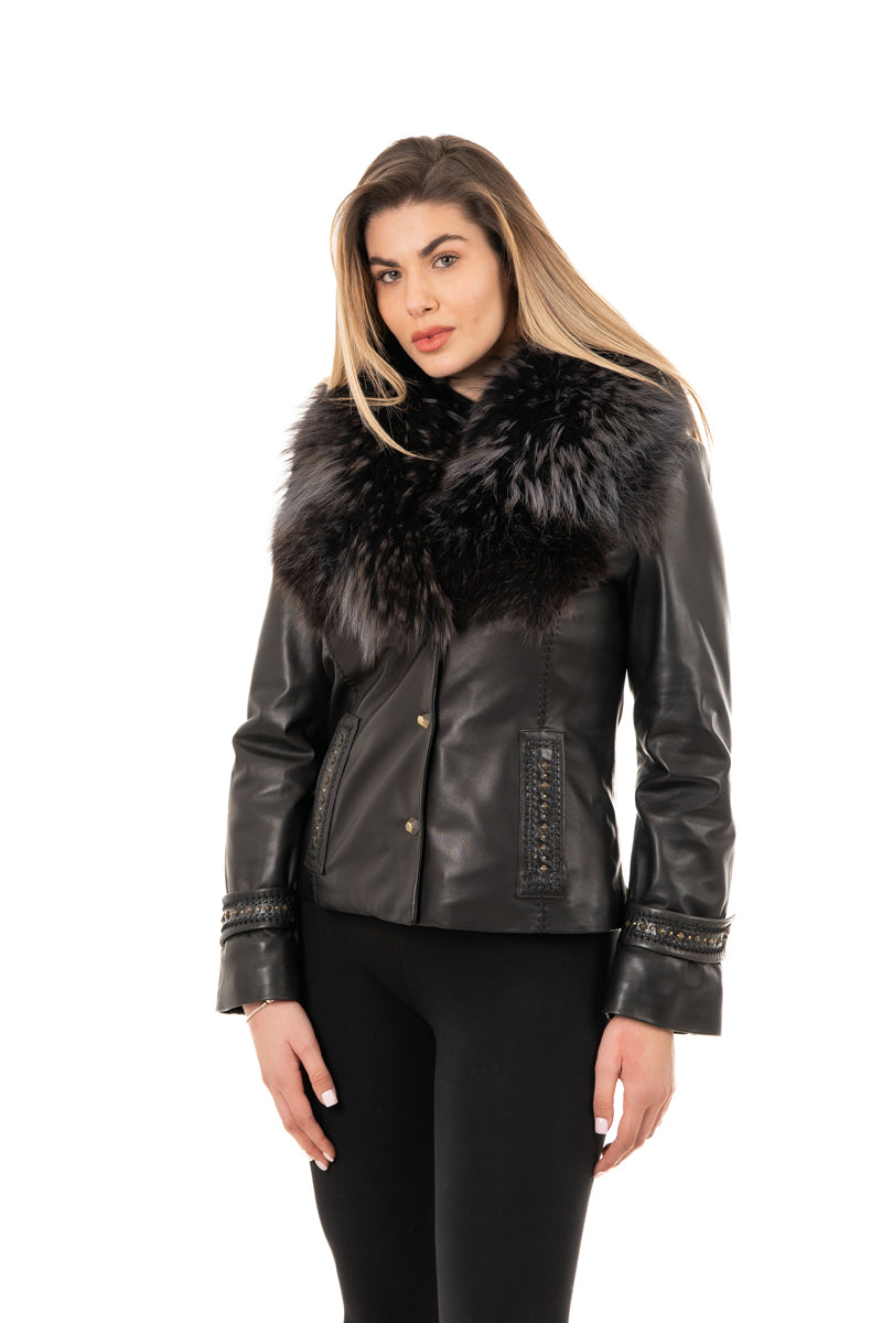 MARTINA - Μαύρο Δερμάτινο Σακάκι με Γούνινο Γιακά