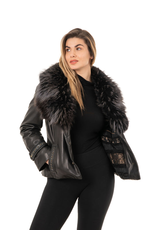 MARTINA - Women's Black Leather Blazer with Fur Collar