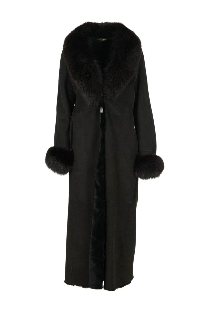 Women's Black Sheepskin Coat with Fur Collar