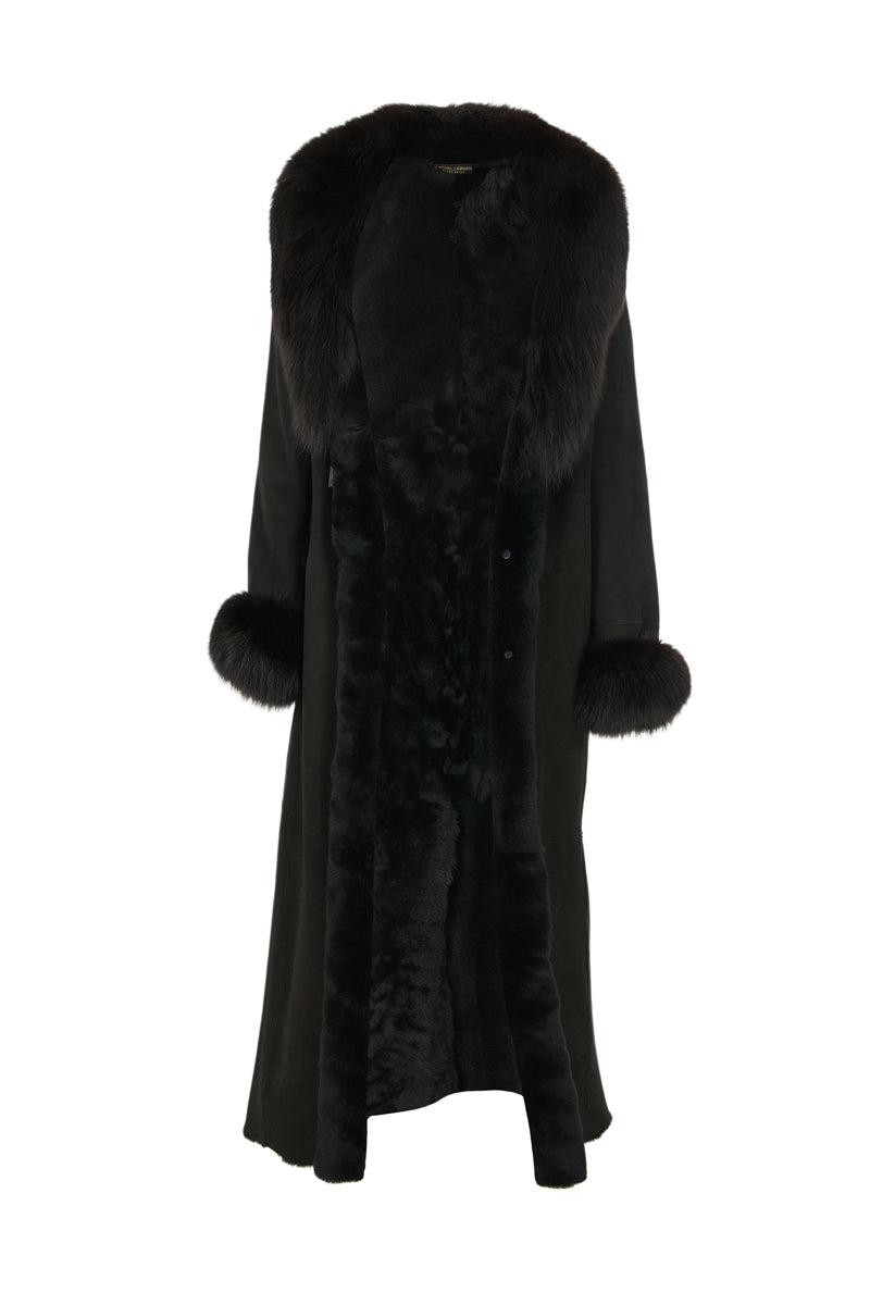 Women's Black Sheepskin Coat with Fur Collar