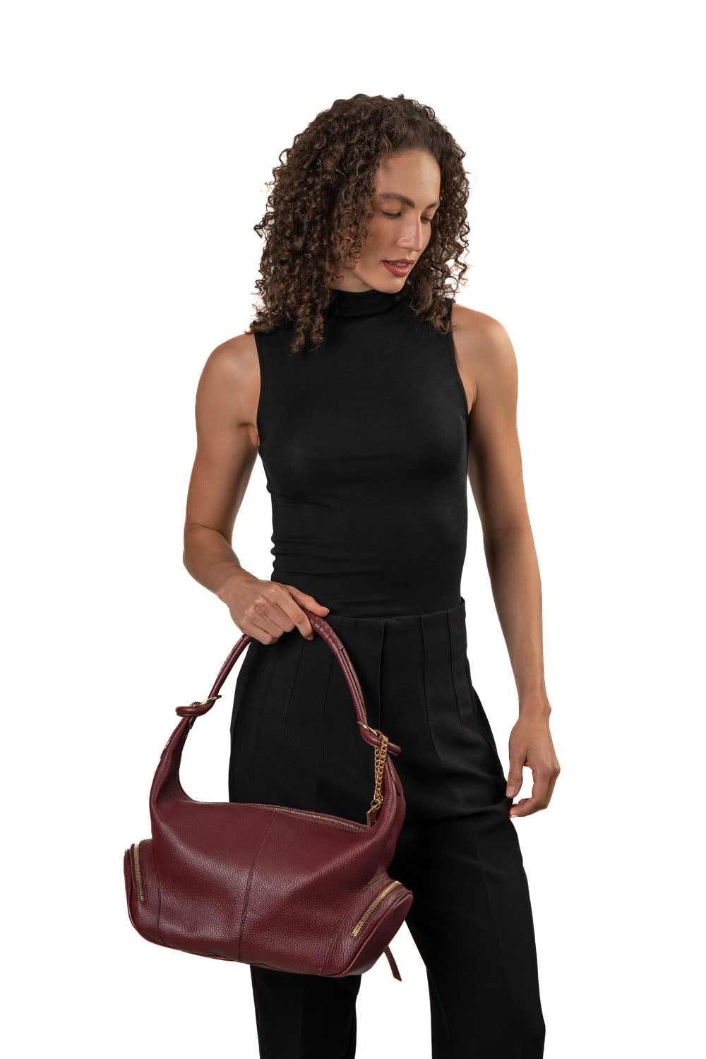 Χειροποίητη Μπορντό  Δερμάτινη Hobo Τσάντα με  Πλαϊνές  τσέπες