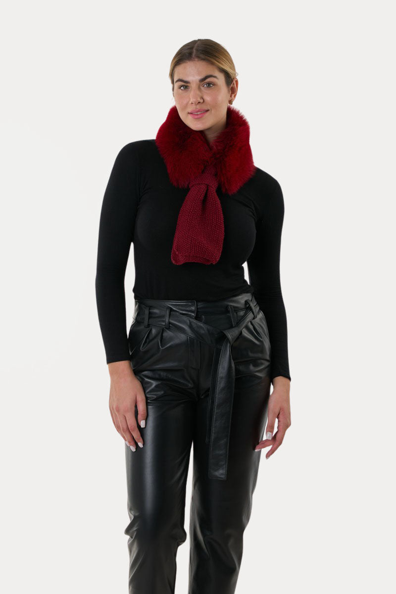 Μπορντό Γούνινος γιακά με Χειροποίητο Πλεκτό στυλ Γραβατα- Κασκόλ