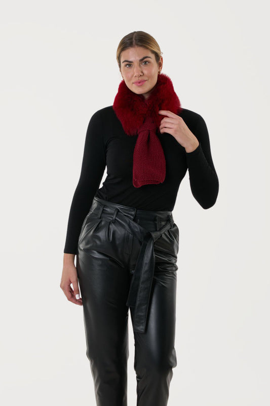 Μπορντό Γούνινος γιακά με Χειροποίητο Πλεκτό στυλ Γραβατα- Κασκόλ