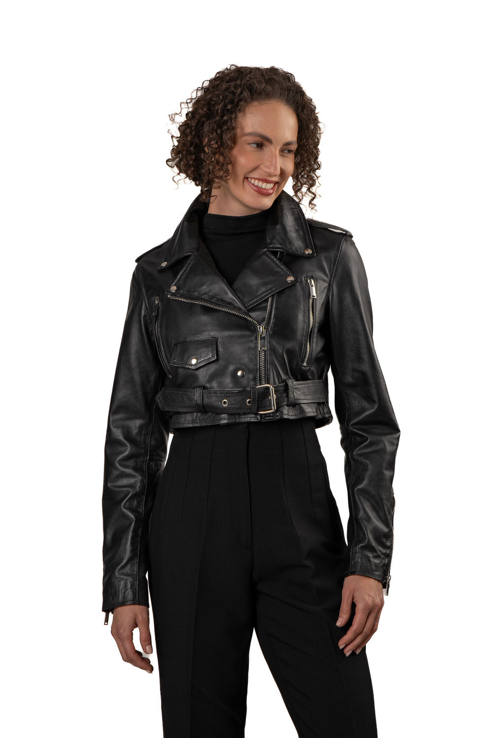 Women's Cropped Leather Jacket with Leather Belt