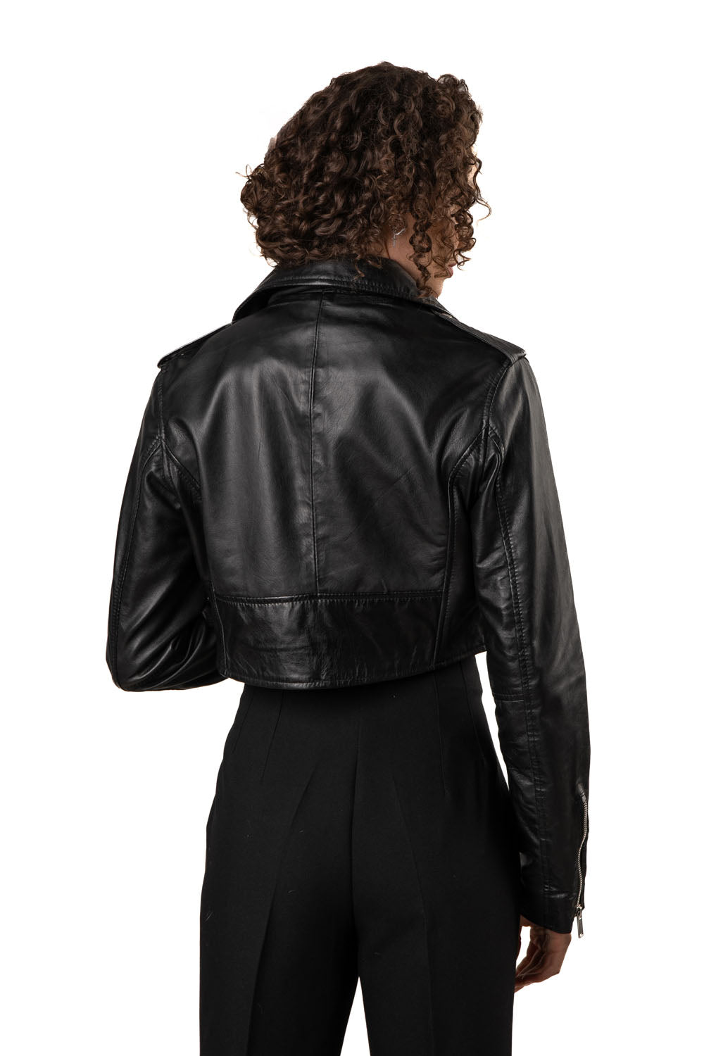 Women's Cropped Leather Jacket with Leather Belt