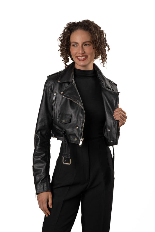 Women's Cropped Leather Jacket with Leather Belt